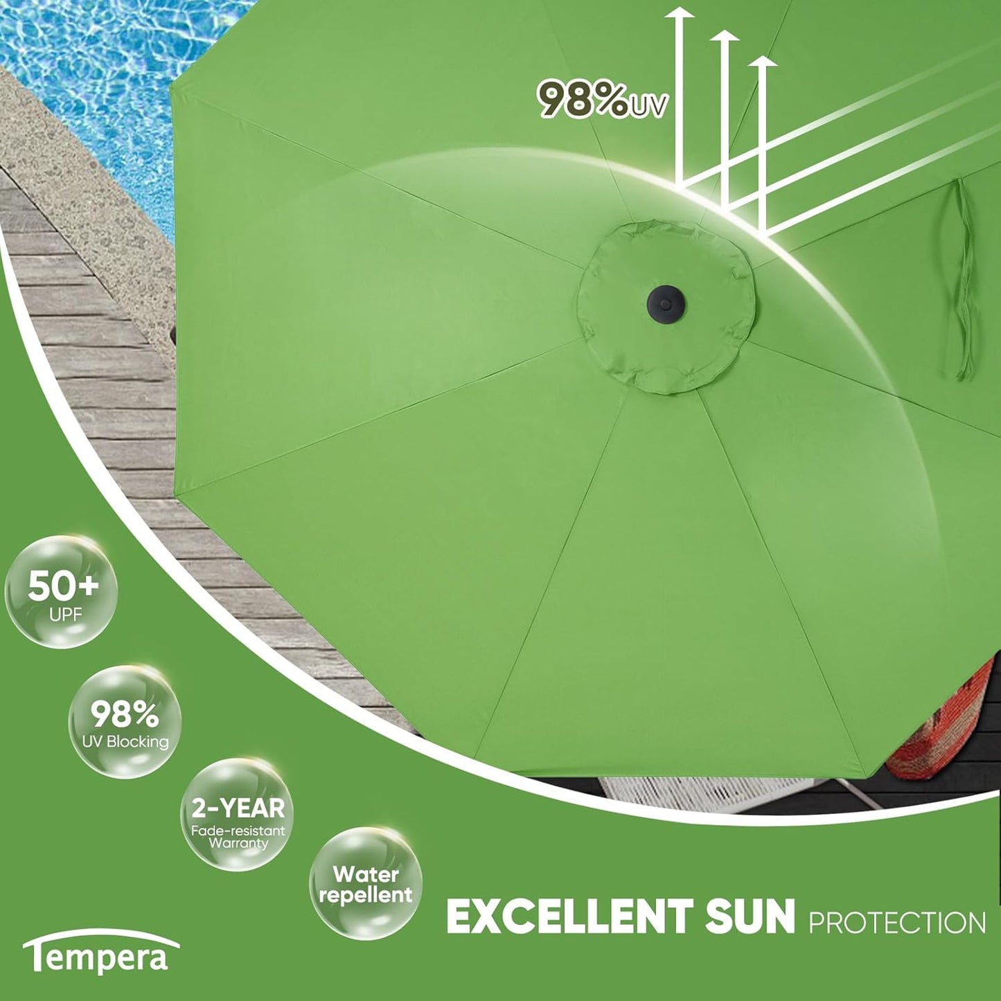 Tempera Outdoor Patio Umbrella - Large Sunshade with Push Button Tilt & Crank, Fade Resistant Canopy