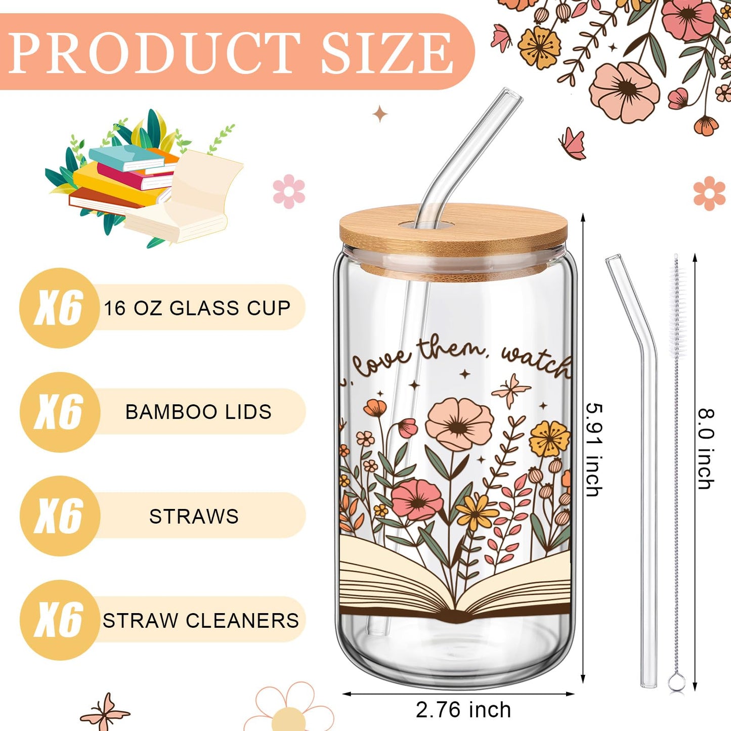 RimCereal 6 Pcs Teacher Appreciation Gifts 2026 Bulk 16 oz Floral Teacher Glass Cups with Lid and Straw Iced Coffee Tumbler Thank You Gifts for Kindergarten Preschool Retirement Graduation Educator