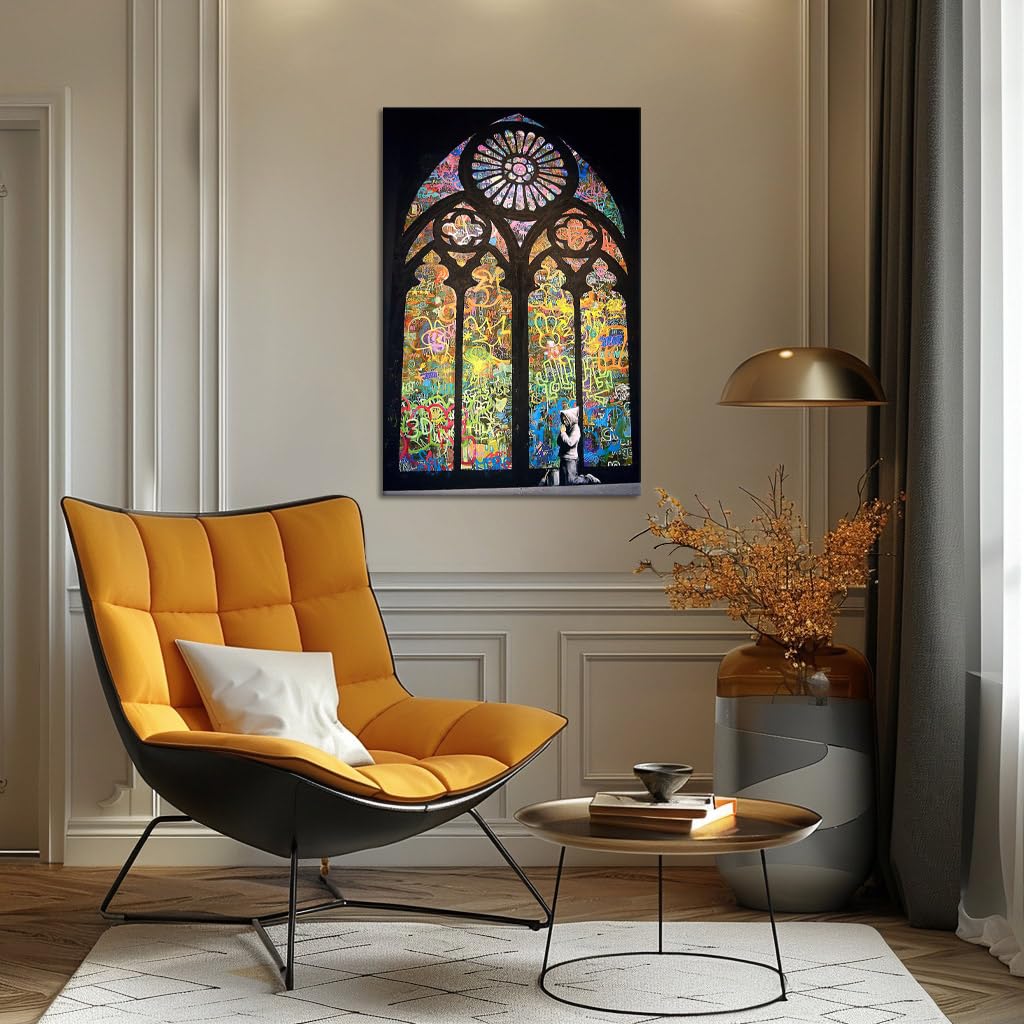 Banksy Wall Art Graffiti Street Painting on Canvas The Boy Praying in Church Prints Pictures for Modern Home Decoration, Framed 36''W x 24''H