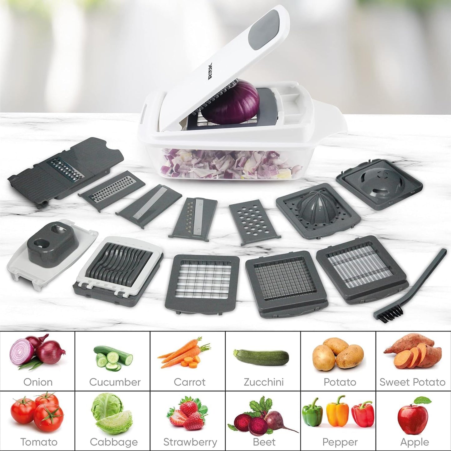 RüK Vegetable Chopper - 22-in-1 Multi-Function Mandoline Slicer with 11 Blades & Lemon Squeezer | Perfect for Onions, Tomatoes, and More