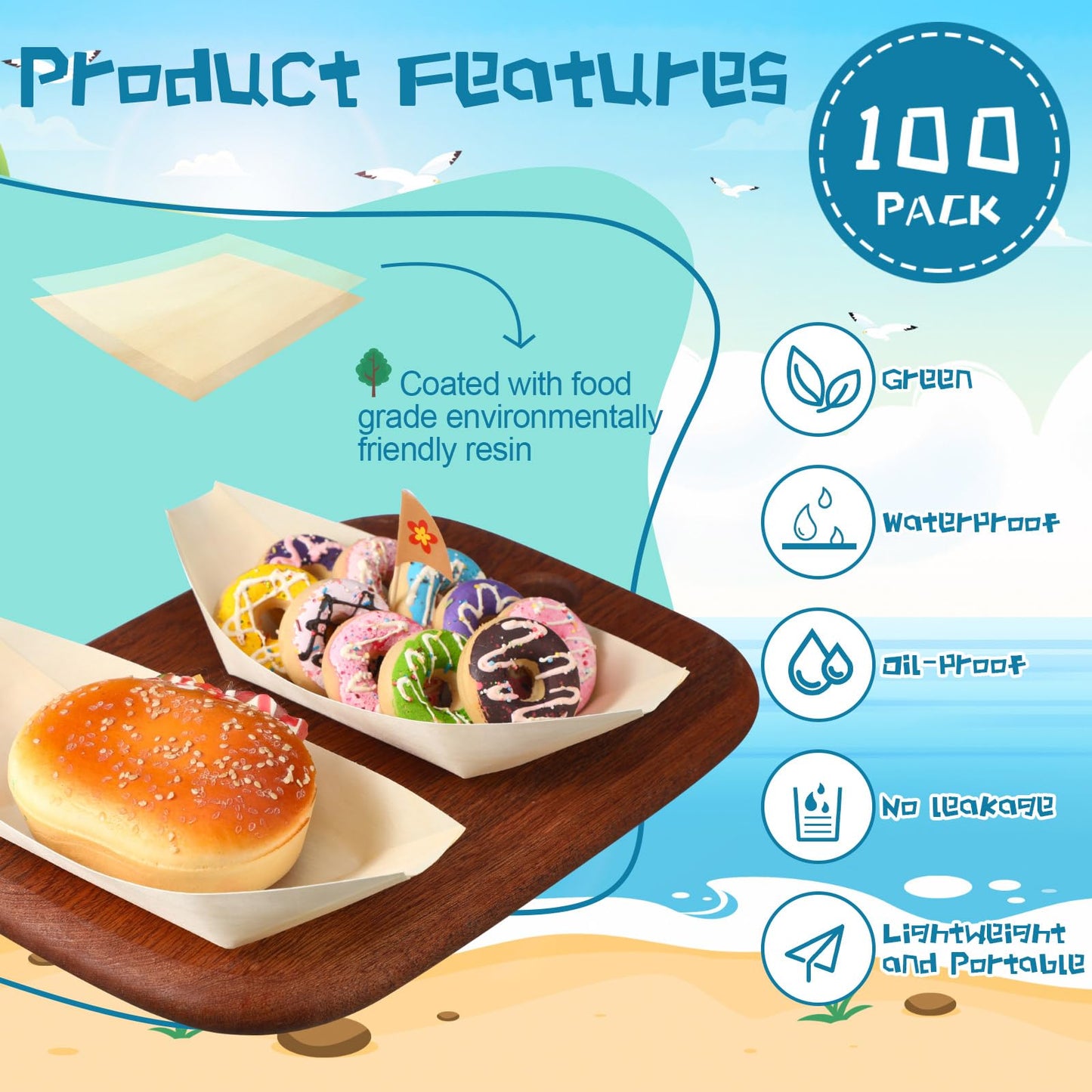 Nuogo 50 Pack 8 Inch Disposable Bamboo Boat Plates with Flower Flag Cake Topper Wooden Charcuterie Trays Serving Plates for Summer Birthday Party Decorations Tropical Hawaiian Favor Supplies