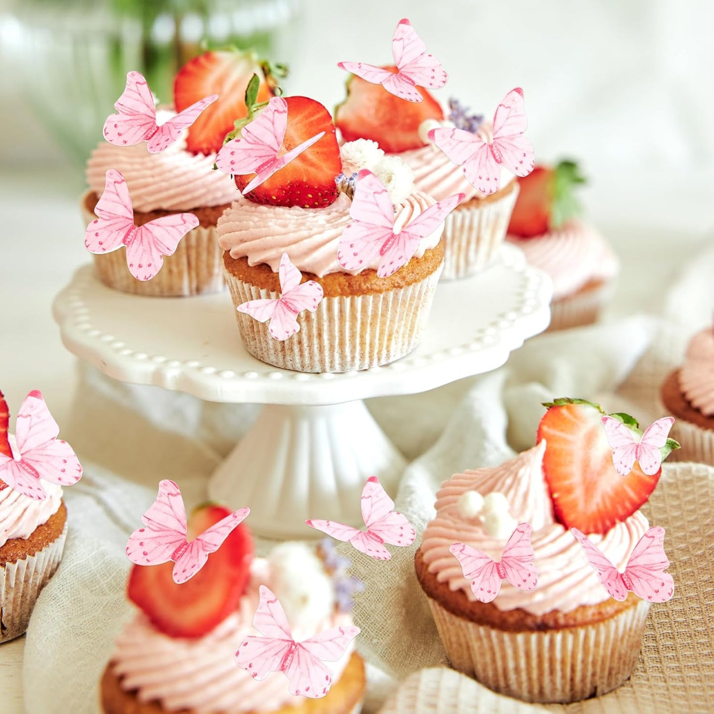 Skiennix Pink Butterfly Cake Decorations - 40 Edible Wafer Paper Cupcake Toppers for Parties