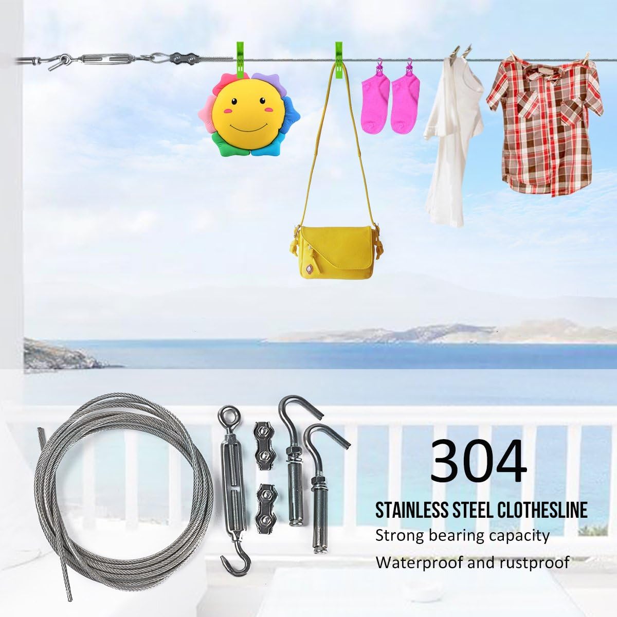Heavy-Duty 20.7FT Stainless Steel Clothesline - Windproof Outdoor Clothesline for Hanging
