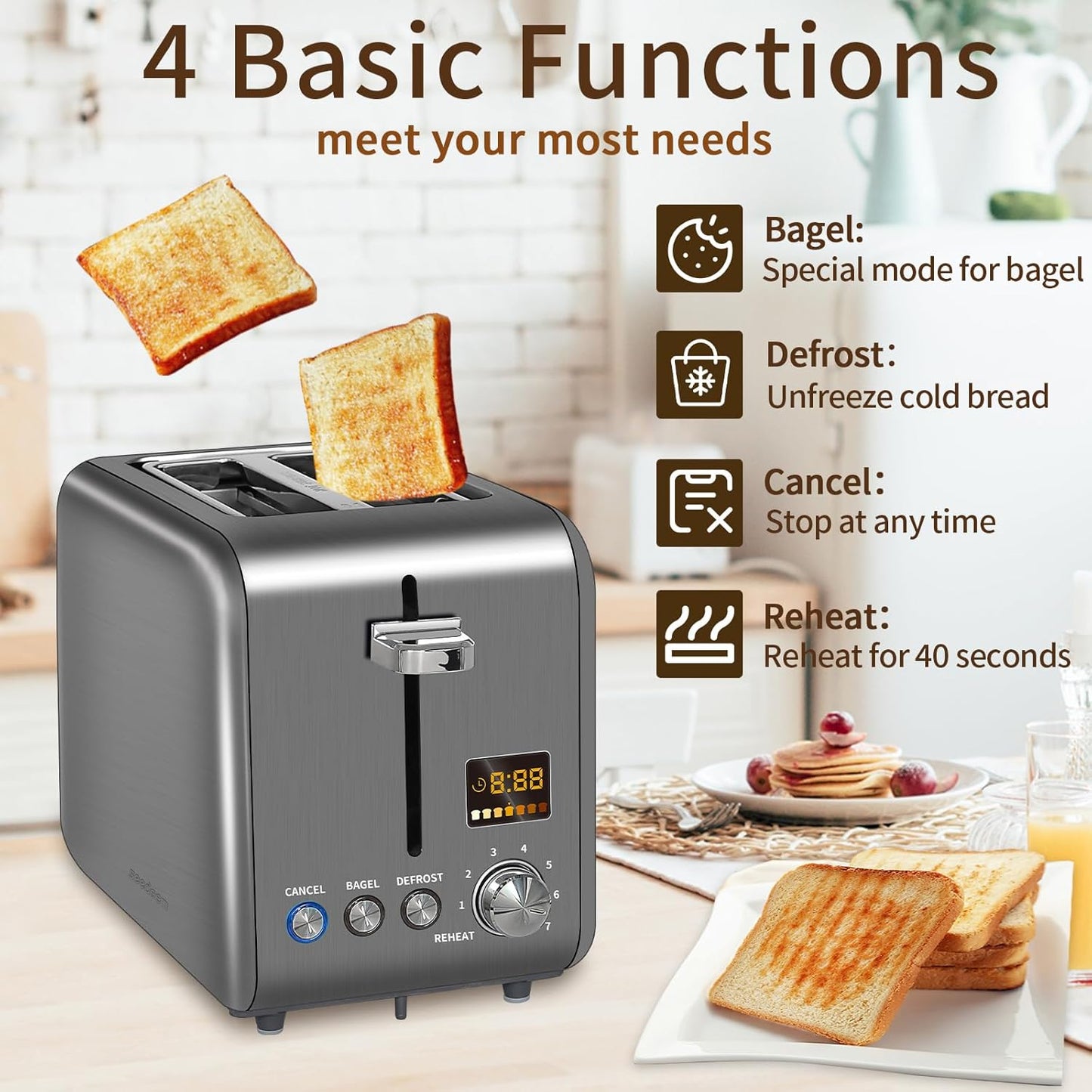 SEEDEEM 2-Slice Stainless Steel Toaster - LCD Display, 7 Shade Settings, 1.4'' Wide Slots, Bagel & Defrost Functions