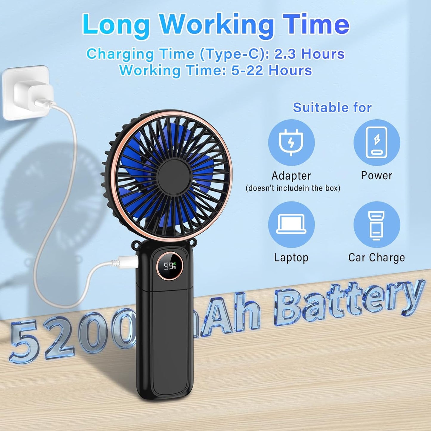 Skiennix Portable Handheld Fan - USB Rechargeable Mini Fan with 22-Hour Runtime & LED Display | 6 Speeds, Perfect for Travel & Outdoor Use
