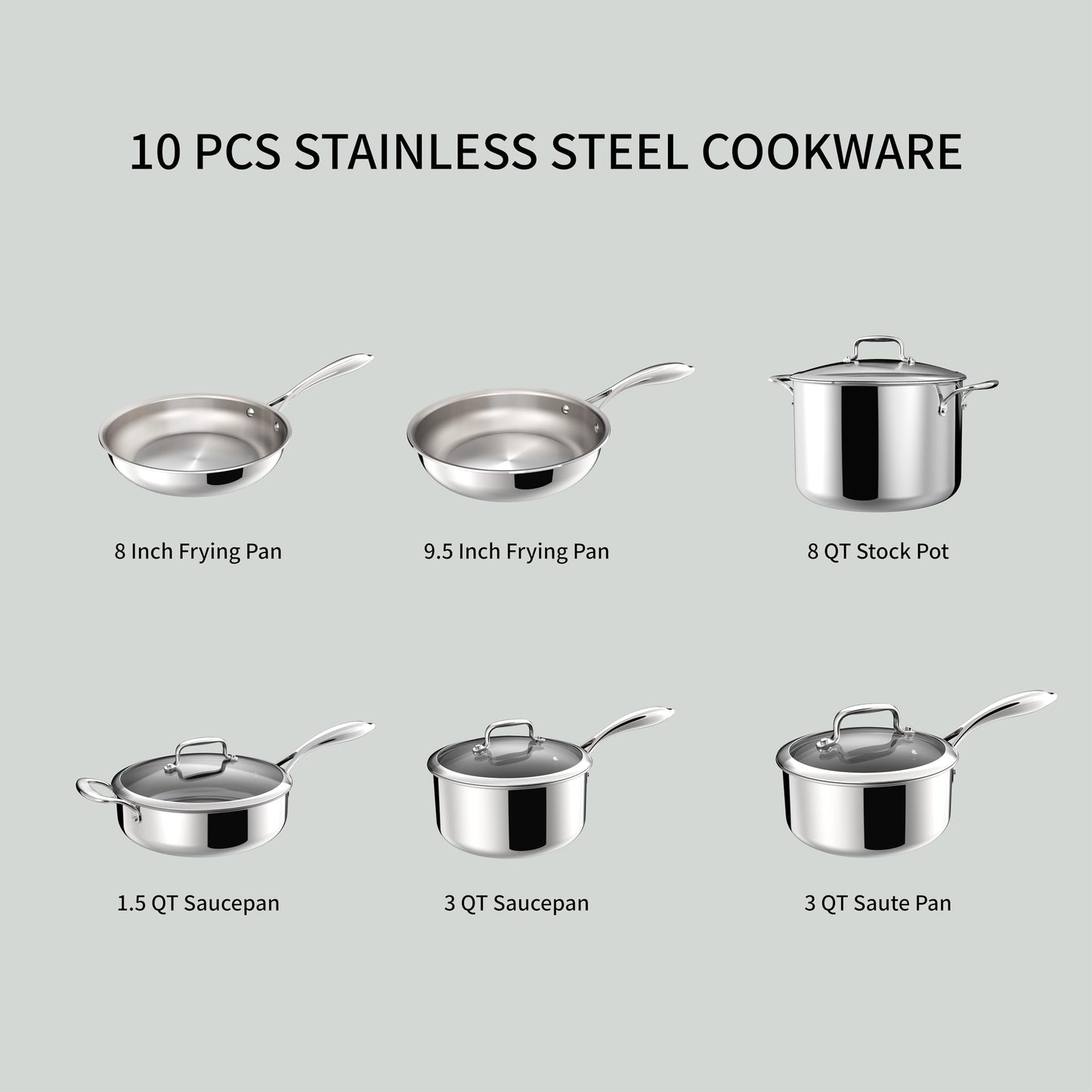SANFELA Cookware, 10 Piece Stainless Steel Pot and Pan Set, 5 Ply Clad, Includes Frying Pans, Saucepans, Saute Pan and Stock Pot, Compatible with All Cooktops, PTFE, PFAS and PFOA Free