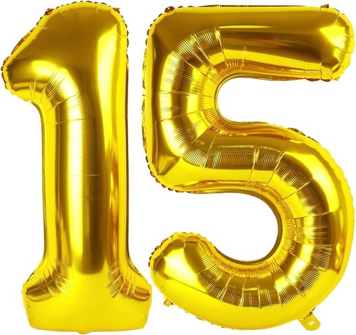 Gold Number 15 Balloon - 40 Inch Giant Foil Balloon for 15th Birthday Party Decorations