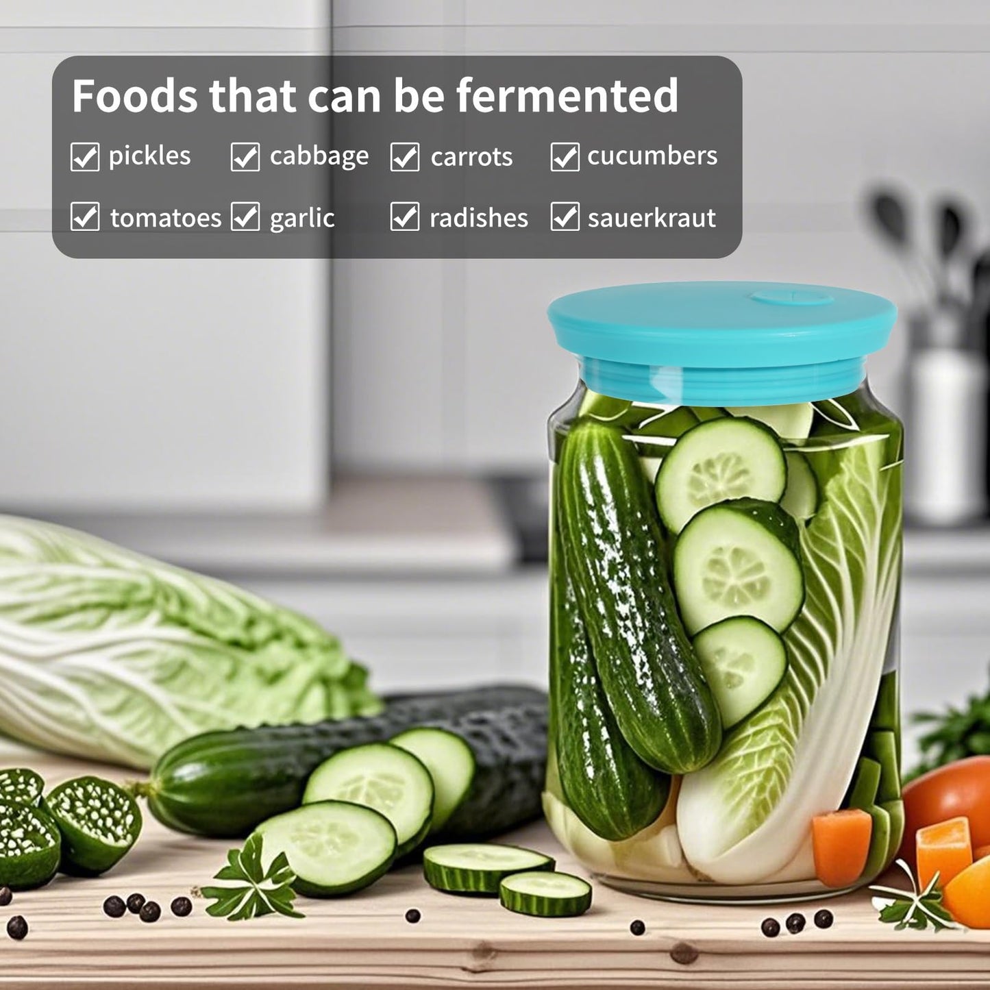 Kinggrand Kitchen Silicone Fermenting Lids Waterless Airlock Fermentation Tops Wide Mouth Mason Jar Lid Fermenter Caps for Pickles, Kimchi, and Fermented Probiotic Food 3 Pack Mint (Jars Not Included)