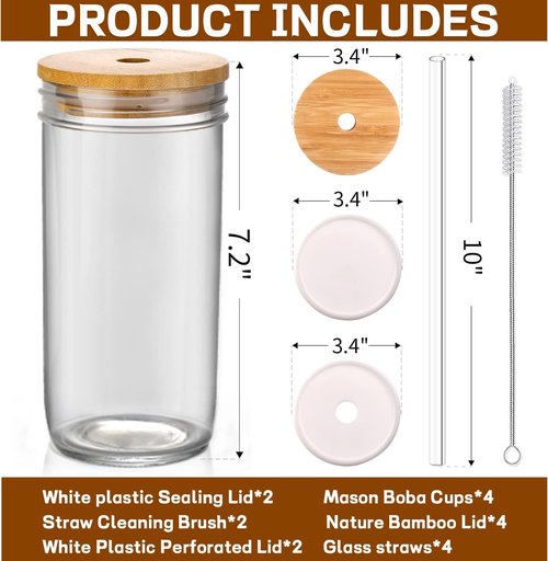 DWTS DANWEITESI Glass Cups - 24 oz Reusable Smoothie & Iced Coffee Mason Jars with Lids & Straws | 4 Pack