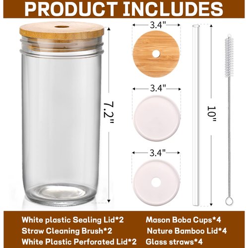 DWTS DANWEITESI Glass Cups with Lids and Straws,24 oz Smoothie Cup with Lid and Straw-Boba Mason Jar,Matcha Cup Wide Mouth Reusable Drinking Glasses,Iced Coffee Cups Glass,Vasos De Vidrio【4 Pack】