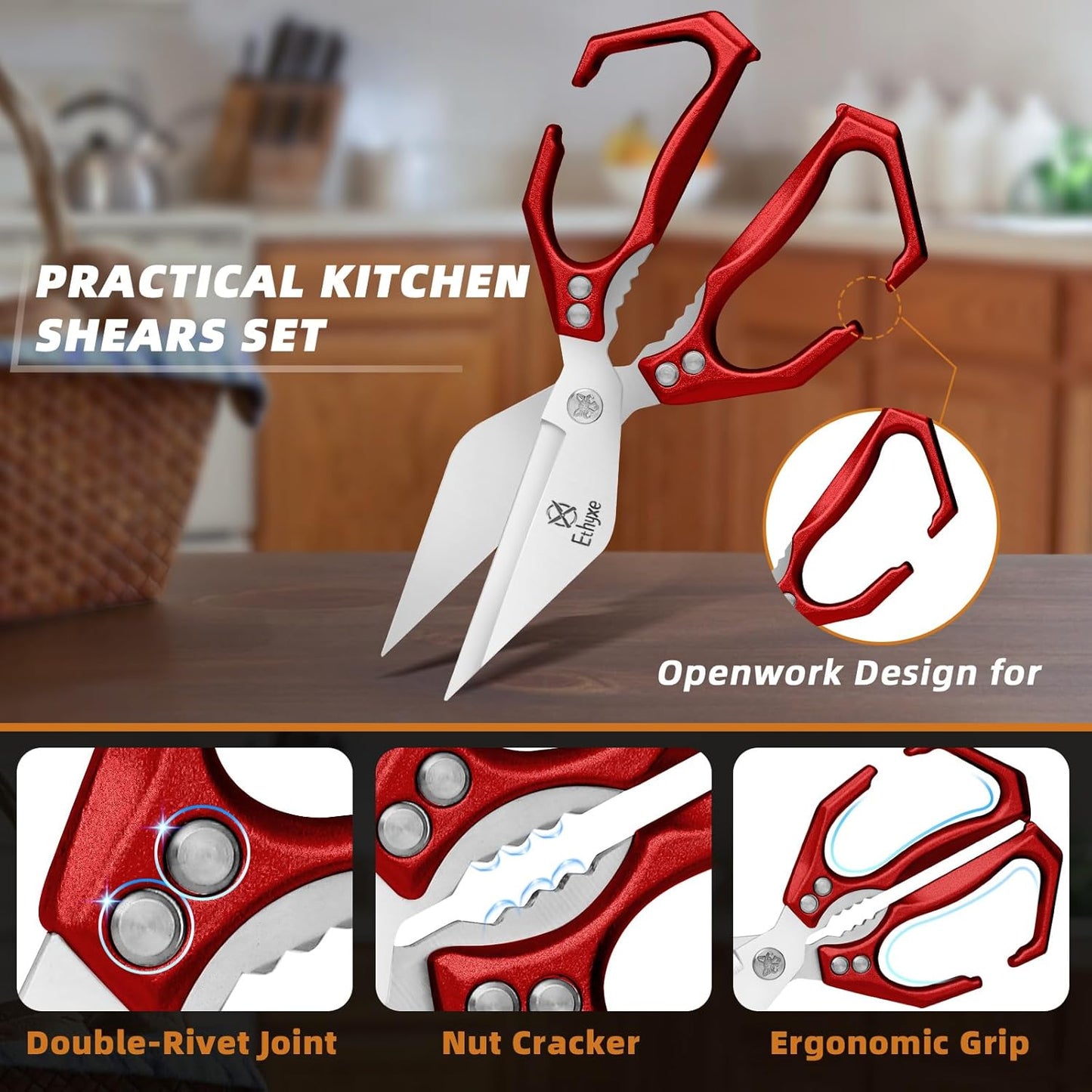 Upgraded Kitchen Scissors Set - Heavy Duty Stainless Steel Shears for Meat, Poultry & Bones | Dishwasher Safe