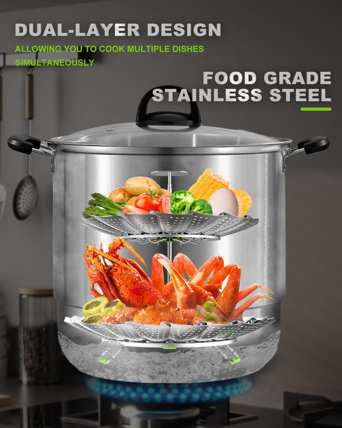 LANVIYA 2 Layer Steamer Basket for Cooking - Large Capacity 2-in-1 Stainless Steel Vegetable Steamers, Expandable 5.4-11 Inches Adjustable Steamer Insert for Pots/Instant Pot, Dual Layer Steamers for Baby Food/Seafood/Dumplings