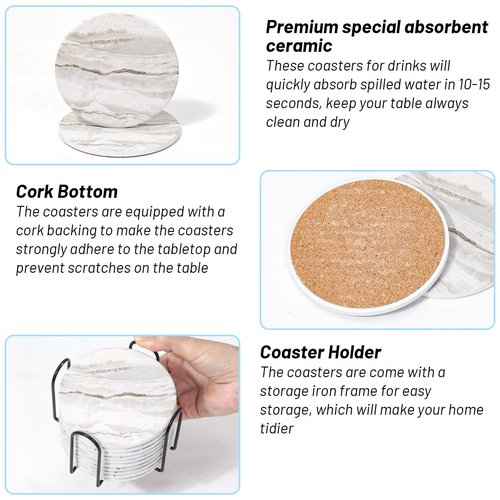Acejoz Drink Coasters with Holder for Coffee Table, Absorbent Coaster Set of 6, Marble Style Ceramic Coaster for Wooden Table, Suitable for Kinds of Cups, Home Decor, 4 Inches
