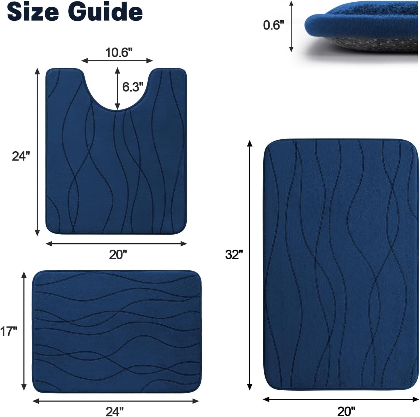 YIHOUSE Memory Foam Bathroom Rug Set - Ultra Absorbent Non-Slip Mats | 3-Piece Navy Blue Collection