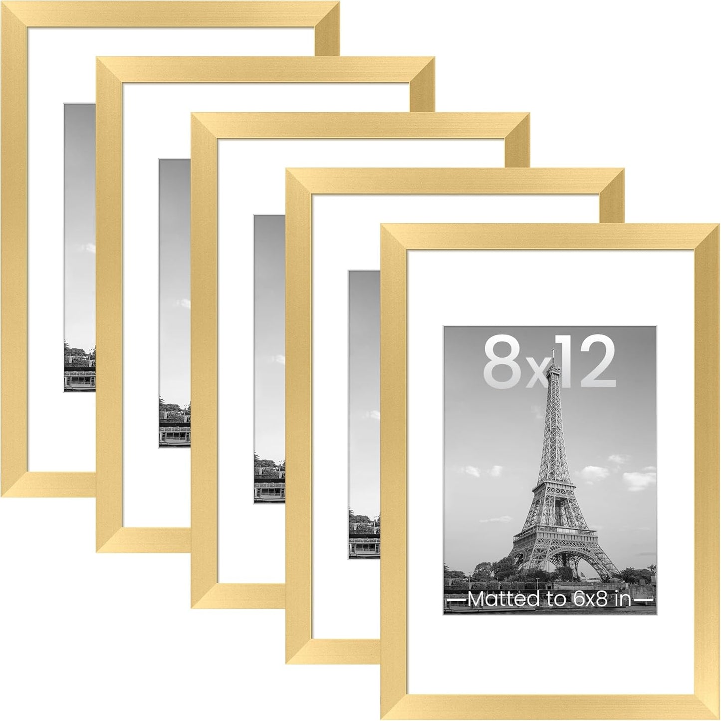 Upsimples 8x12 Picture Frame Set of 5 - Gold Wall Gallery Frames for 6x8 Photos with Mat or 8x12 Without