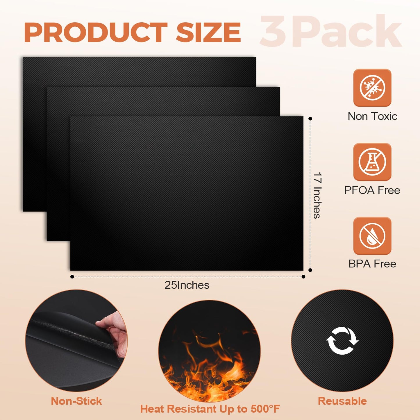SkyStage 3 Pack Oven Liners for Bottom of Oven, 17"x 25" Large Heavy Duty Non-Stick Reusable Oven Mat, Resistant 500°F, BPA & PFOA Free, for Electric, Gas, Toaster Ovens, Grills, Keep Oven Clean