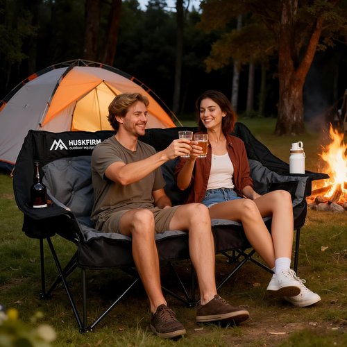Huskfirm Oversized Double Camping Chair - Padded Folding Loveseat with Cup Holders & Side Pockets | Heavy Duty Black