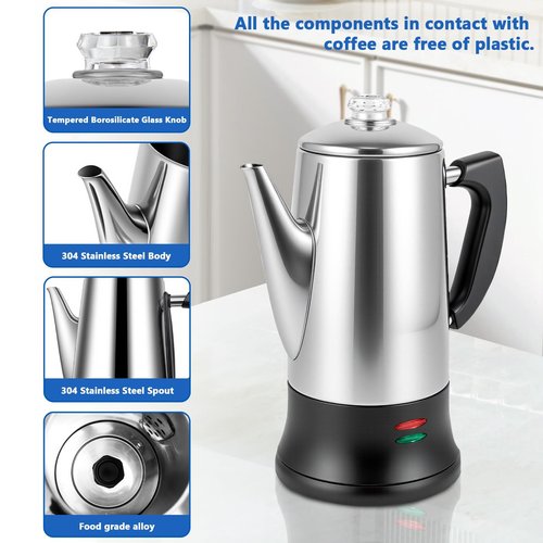 Electric coffee maker, 12-cup capacity, stainless steel construction, automatic heating with boil-dry protection, heat-resistant handle design, 360° swivel base, transparent brewing indicator.