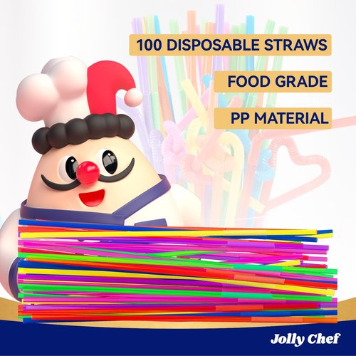 JOLLY CHEF 100PCS Plastic Disposable Straws Bendable Colorful Drinking 10.43 Inches Extra Long Colorful Flexible Straws for Home Use Milk Juice Drinks