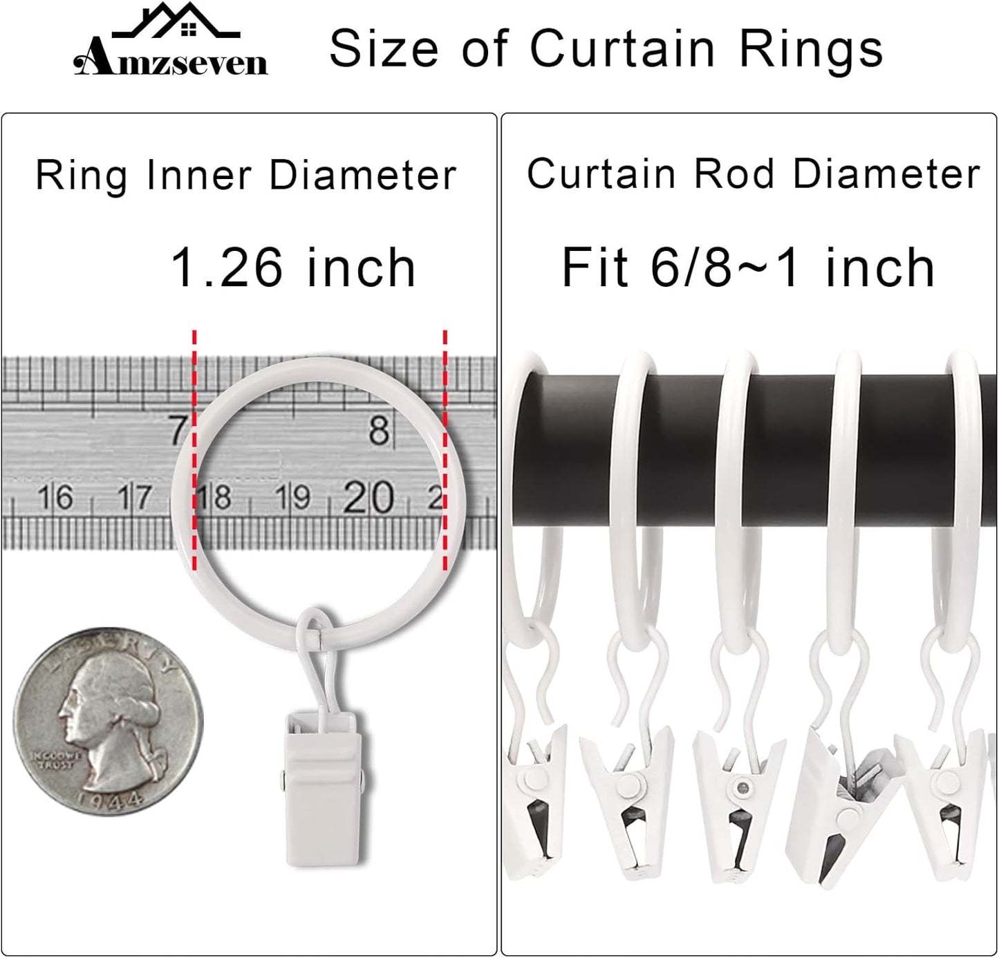 Skiennix Curtain Rings - 40 Pack Drapery Clips with 1.26" Interior Diameter - Fits 1" Rods, White