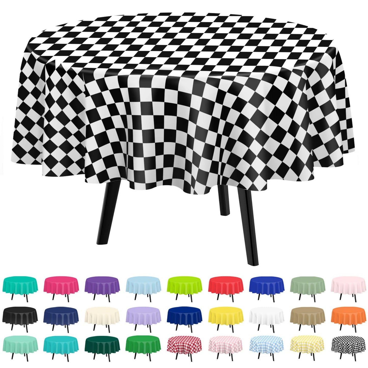 QIKSION Black and White Gingham Round Tablecloth 2 Pack, 84 Inch Plastic Checkered Table Cover Disposable for Parties