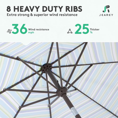 JEAREY 9FT Outdoor Patio Umbrella - UV Protection, Waterproof, Push Button Tilt & Crank | Blue Green Stripe
