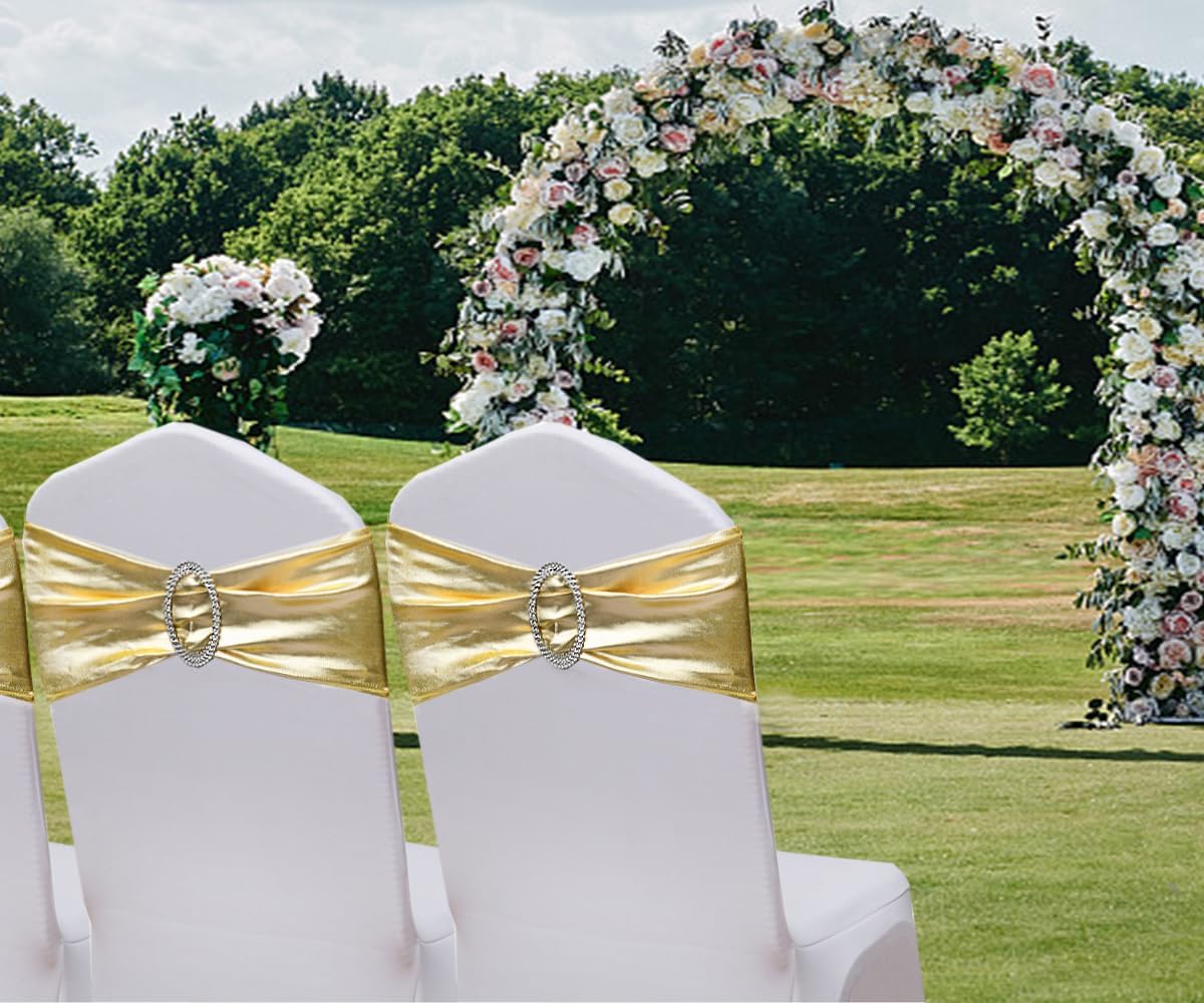 Spandex Gold Chair Sashes - 50 Pack Stretch Bands with Buckles for Wedding & Event Decor - Metal Gold