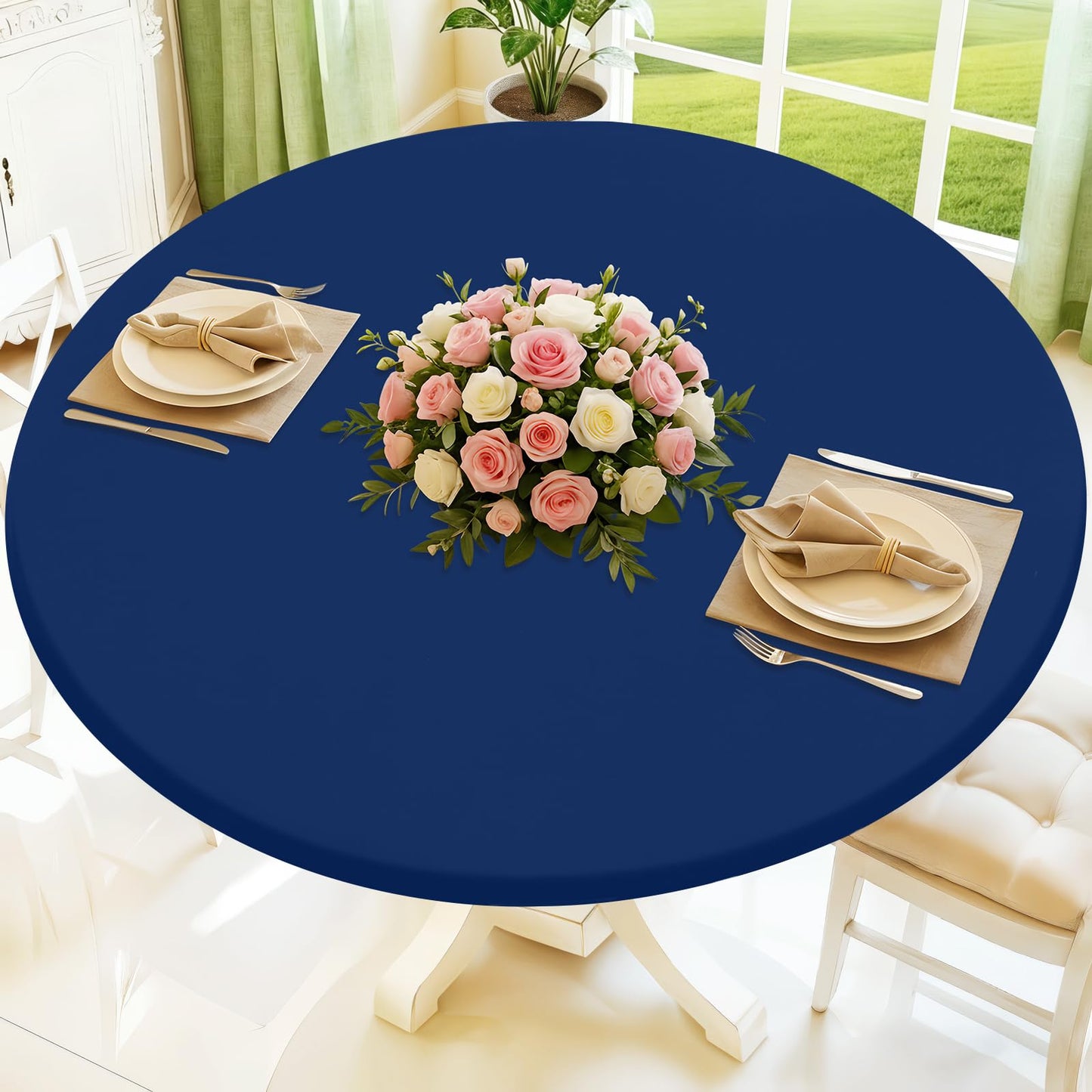 Moosfor Round Spandex Tablecloth, Elastic Fitted Waterproof Tablecloths for 18"-24" Tables, Stretch Washable Picnic Table Cover for Camping, Dining, Indoor and Outdoor, Navy