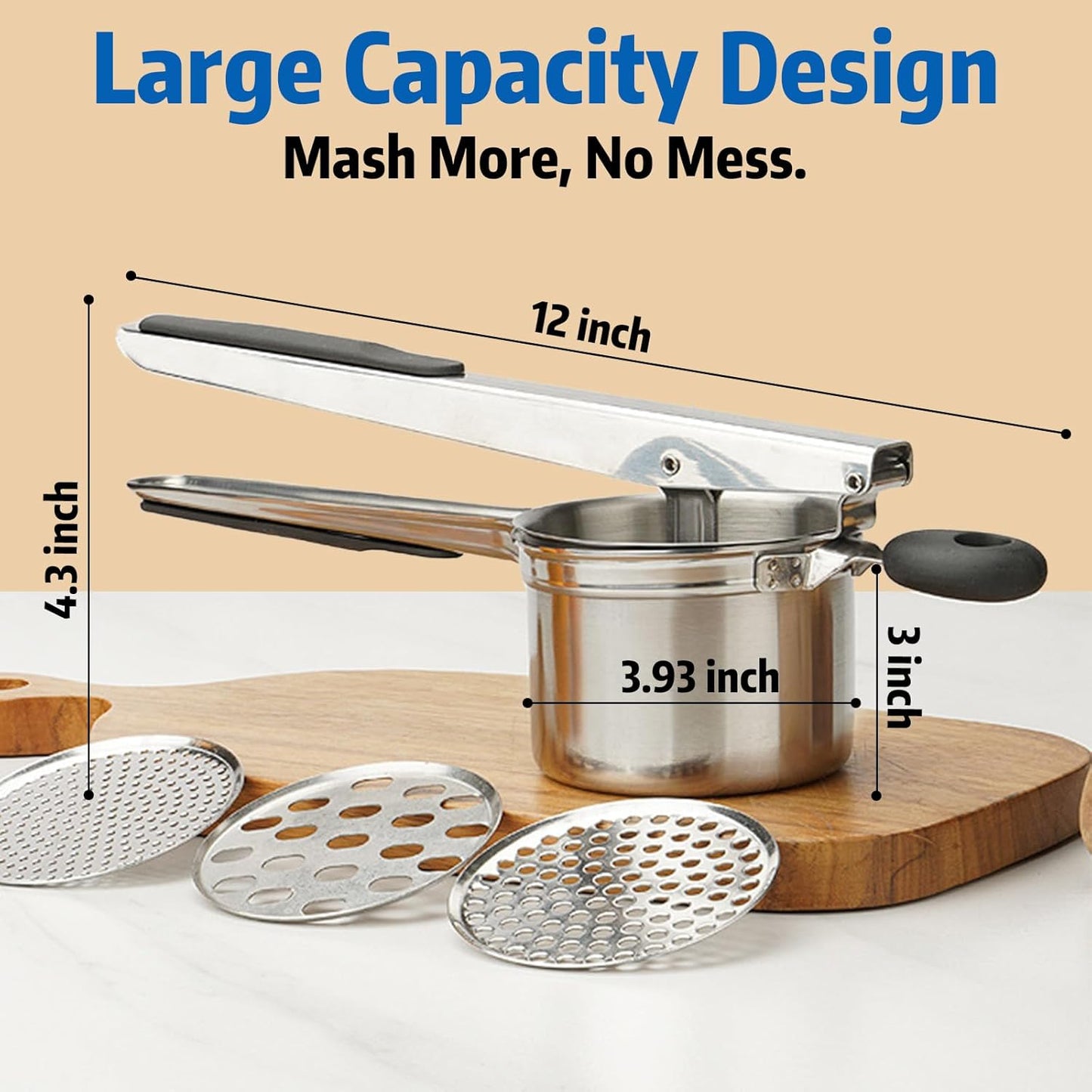 Skiennix 15 oz Stainless Steel Potato Ricer - 3 Interchangeable Plates, Dishwasher Safe for Perfect Mashed Potatoes & Baby Food