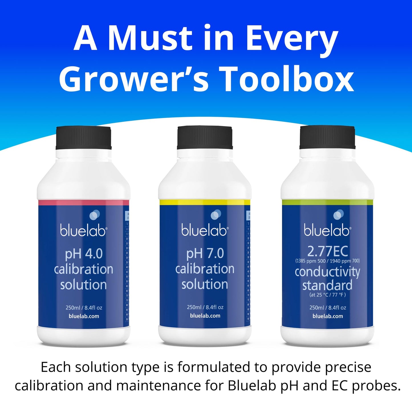 BlueLab 2.77EC Conductivity Solution, PH 7.0, and PH 4.0 Calibration Solution Set 250 Milliliters
