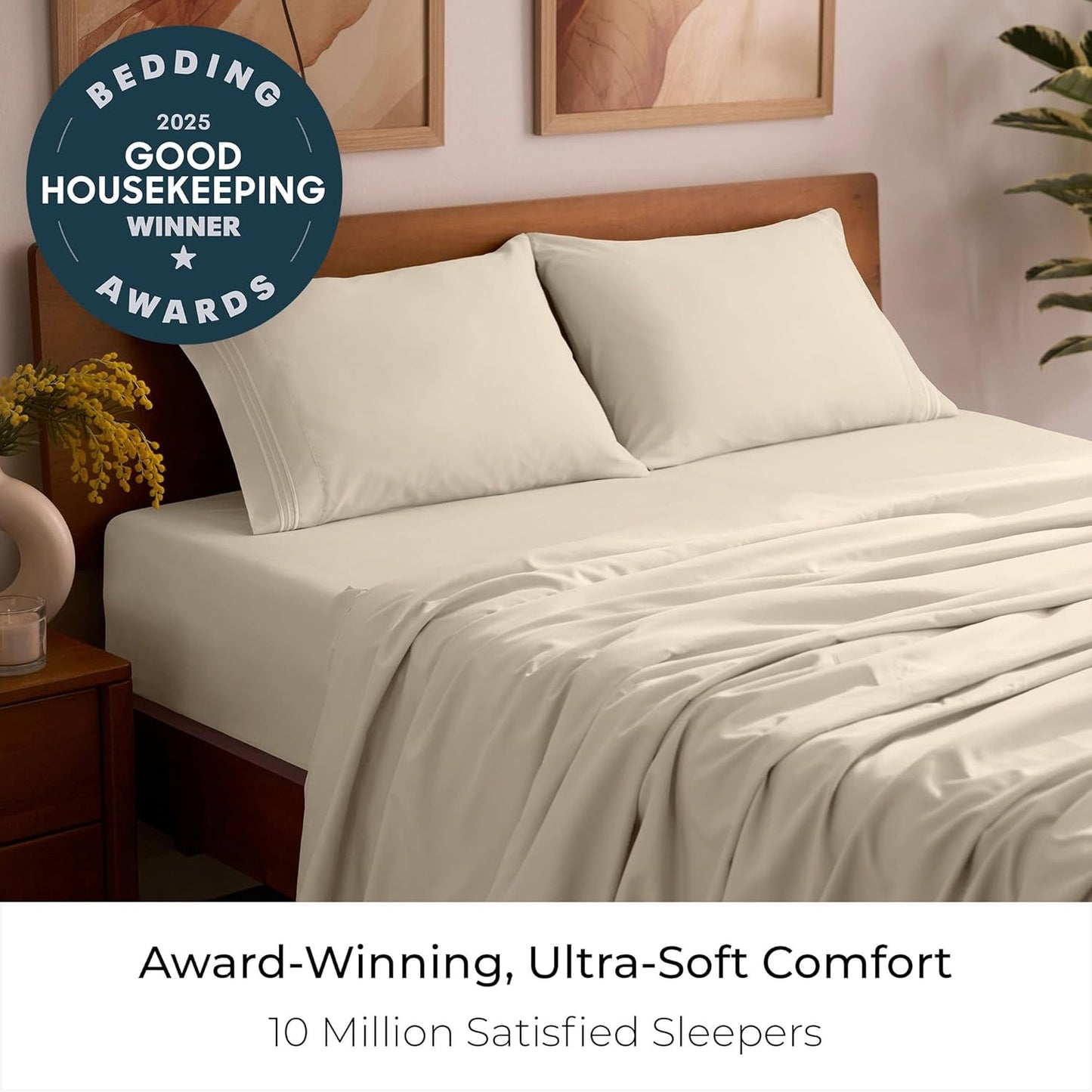 Mellanni Full Sheets Set - 4 PC Hotel Luxury Bedding | Extra Soft, Cooling, Wrinkle-Resistant (Beige)