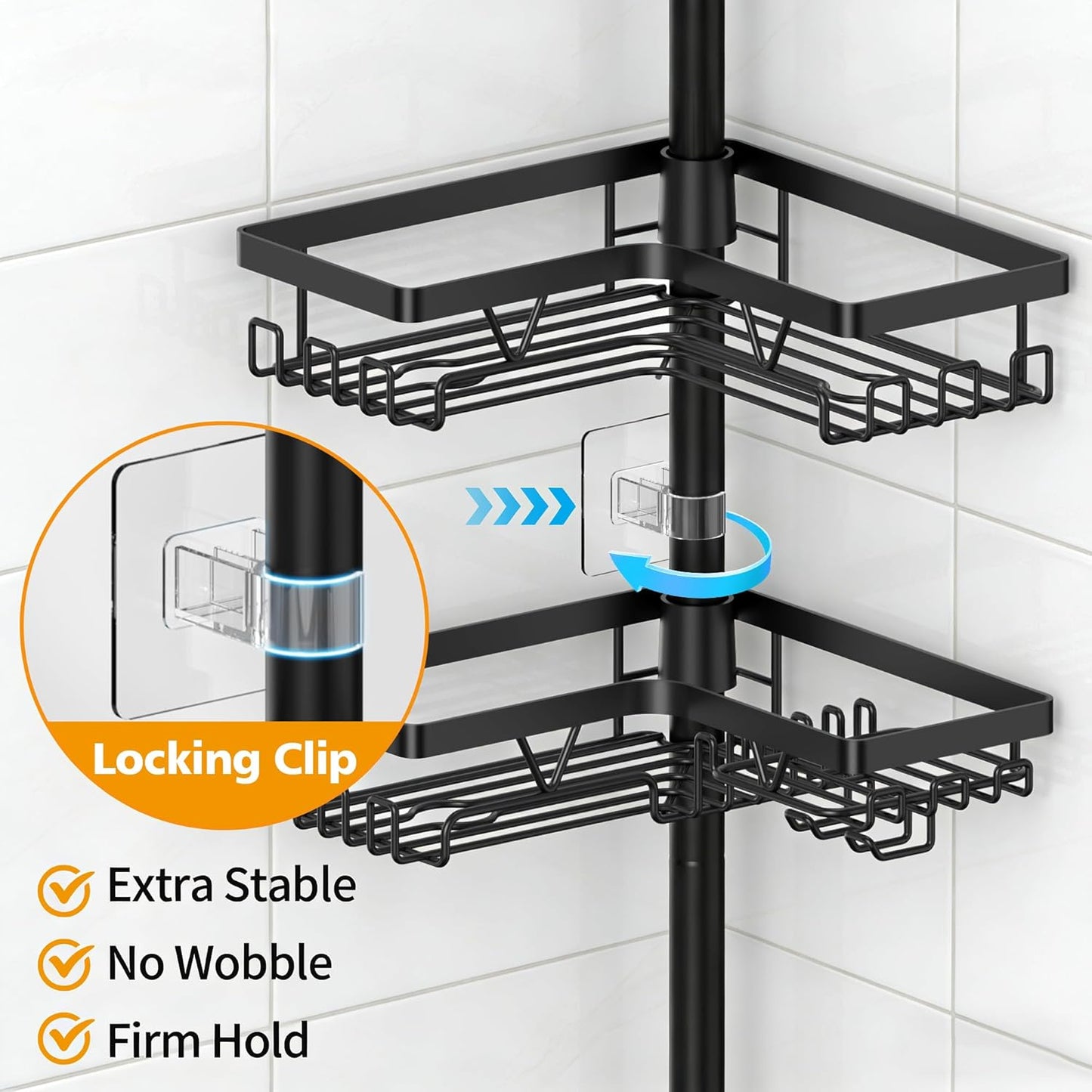 KEGII Adjustable Black Shower Caddy Tension Pole - Rustproof Bathroom Organizer with 2 Towel Bars | 25–114.2 Inch