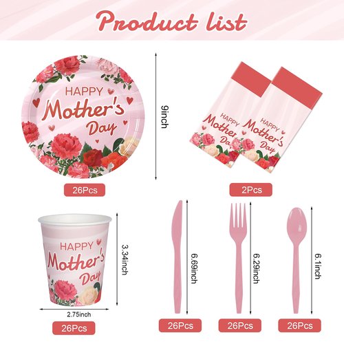 Childom Mothers Day Decorations for Party,132 Pcs Disposable Mothers Day Plates Tablecloth Cups Knives Spoons Forks for Party Supplies,Plates Tableware for Moms Birthday,Home,Brunch,Dinner,Serves 26