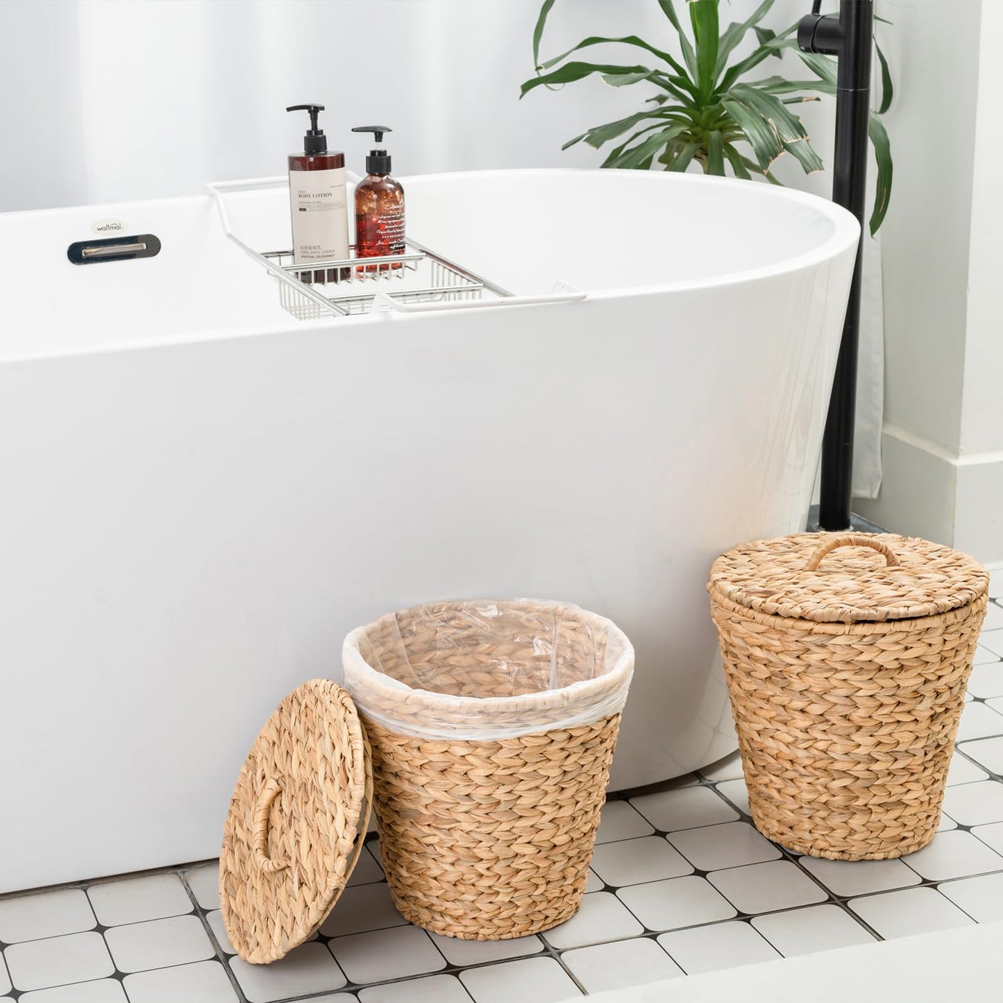 ATEDIR Small Trash Can with Lid, 4 Gallon Waste Basket with Lid, Round Wicker Waste Basket, Handwoven Lidded Trash Can for Bathroom, Bedroom, Kitchen, 2 Pack
