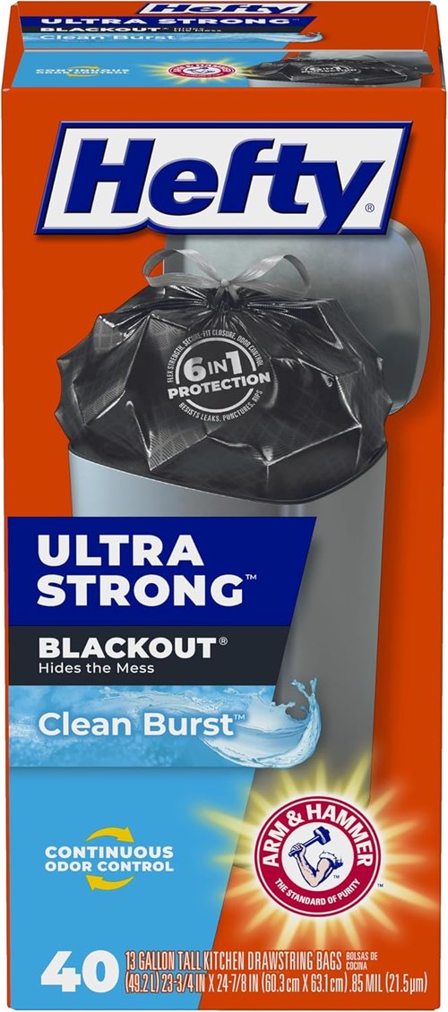 Hefty Ultra Strong 13 Gallon Trash Bags - Break Resistant Drawstring | Continuous Odor Control, 40 Count