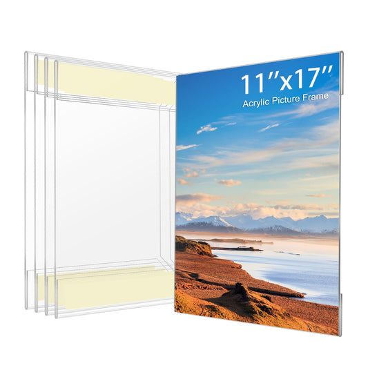 Wbtran 11x17 Acrylic Picture Frame, Clear Frameless Photo Frame for Wall Mount, No Drilling Picture Frames with Tape, Pack of 5 Floating Hanging Picture Frames for Home, School, Office