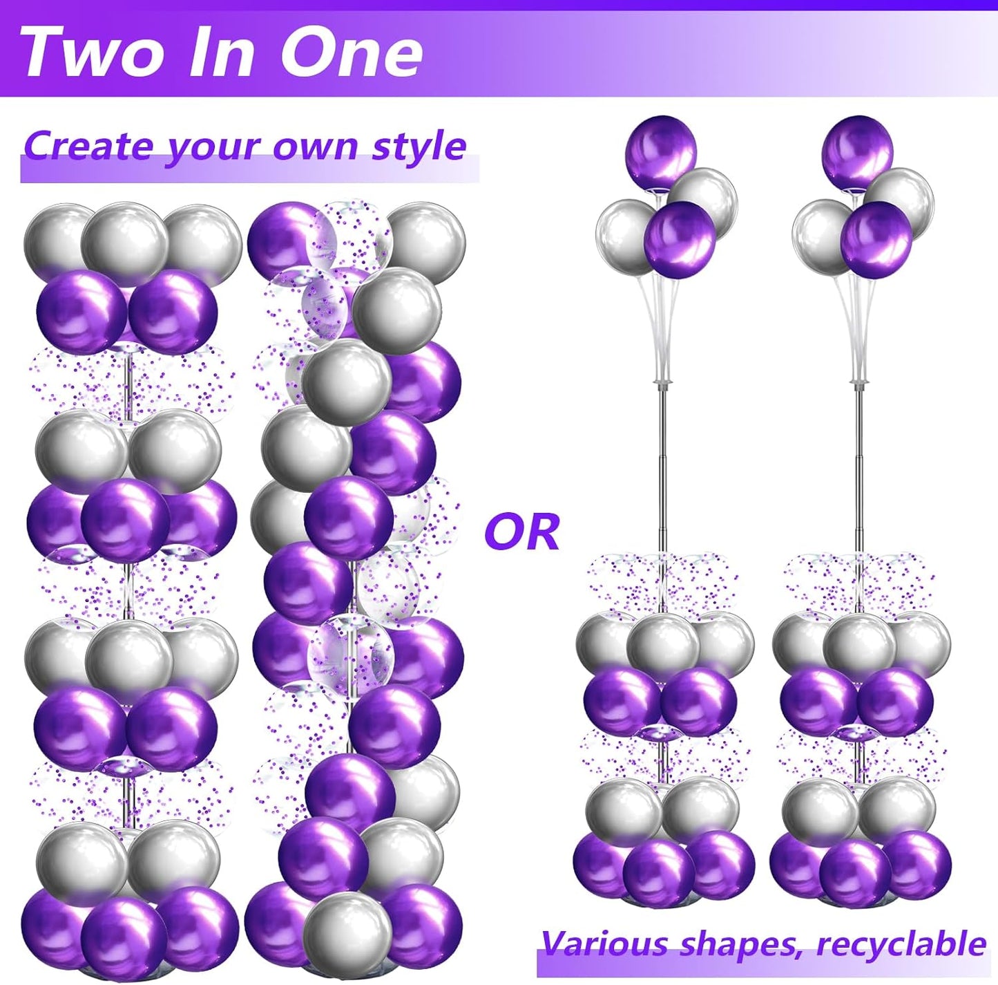 Skiennix Balloon Column Stand Kit - Adjustable 7 Feet Height with Balloons & String Lights | Purple Party Decor