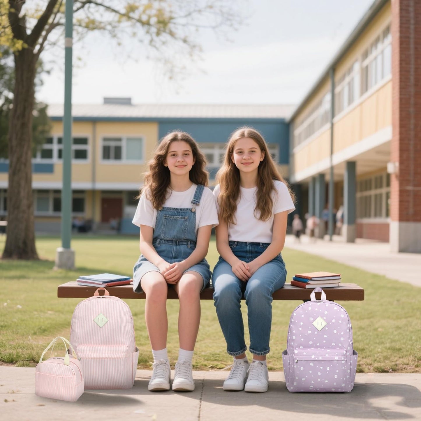 Flowers School Backpack for Girls, 3PCS Bookbags Set with Lunch Box Pencil Pouch Elementary Middle School Bag Laptop Back Packs (Daisy Purple)