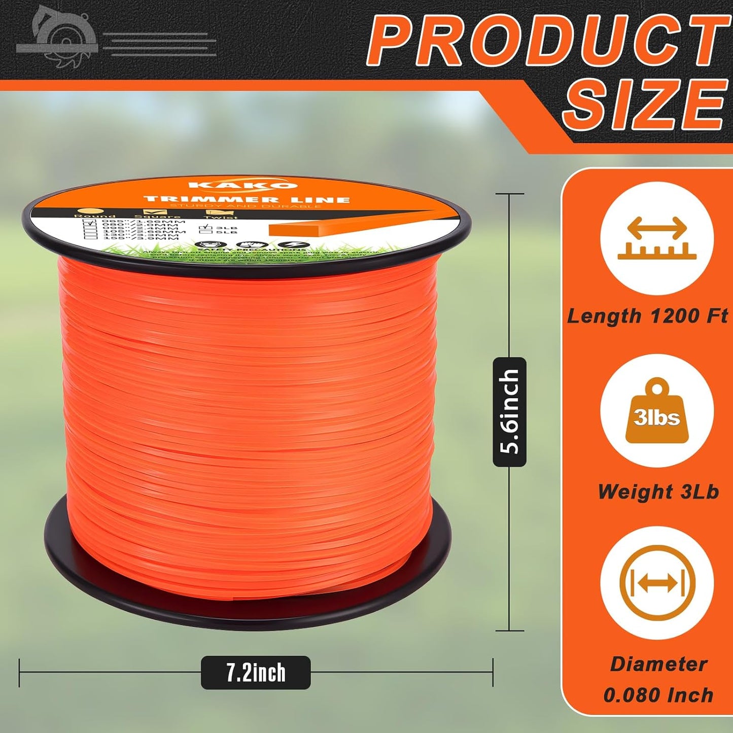 KAKO 080 Trimmer Line - Durable Square Weed Wacker String | 1200 Ft, 3 Lb Nylon Fits Most Trimmers
