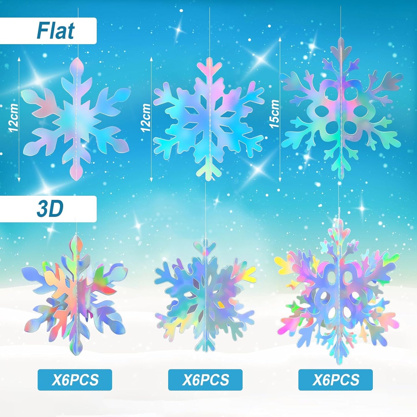 Skiennix 18 Pcs Snowflake Decorations - 3D Iridescent Hanging Ornaments for Winter Wonderland Decor
