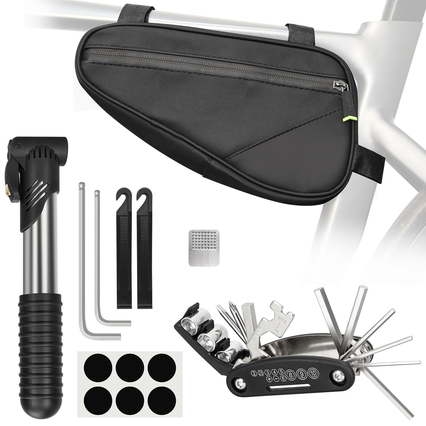 PXZBLG Bike Repair Kit, Bike Bicycle Frame Storage Bag, Waterproof Bike Triangle Bag, 16-in-1 Bike Multitool, Bicycle Tire Repair Kit, 4mm and 5mm Allen Wrenches for Mountain Road Bike, MTB