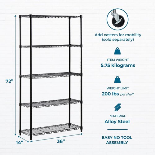 Honey-Can-Do Heavy-Duty 5-Tier Metal Storage Rack - Adjustable Shelves, 200-lb Capacity, Black, 14" W x 36" L x 72" H