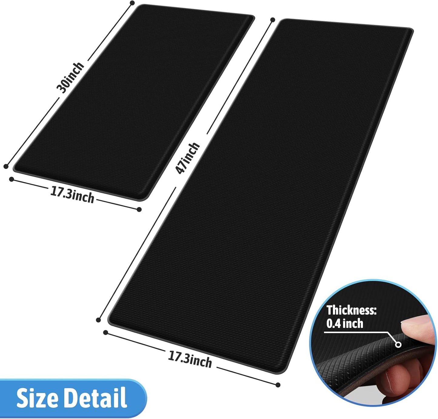 StepLively Kitchen Mat Set - Cushioned Anti-Fatigue Non-Slip Rugs for Kitchen & Office | 17.3"x30" & 17.3"x47" - Black
