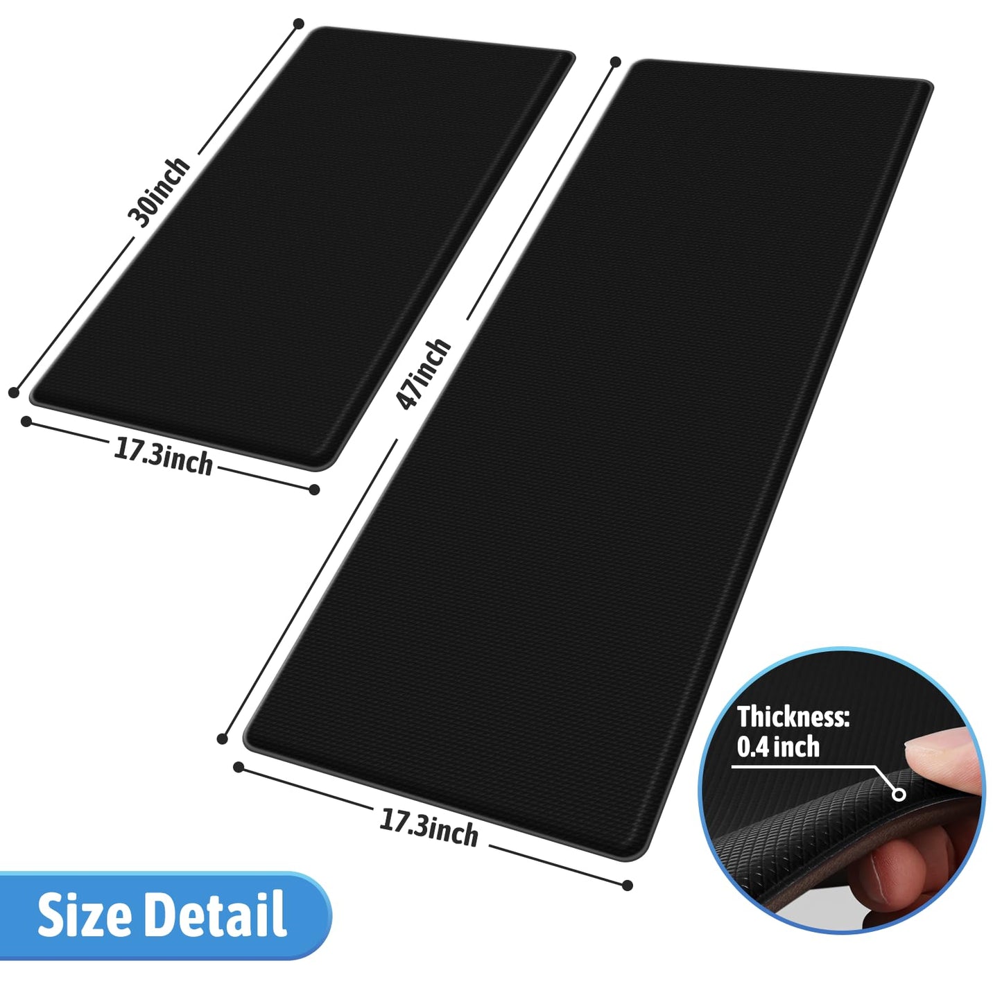 StepLively Kitchen Mat, 2 PCS Kitchen Rugs, Cushioned Kitchen Mats for Floor, Anti Fatigue Kitchen Rug Set, Non-Slip Standing Mat for Kitchen, Office, Sink, 17.3"x30"+17.3"x47", Black