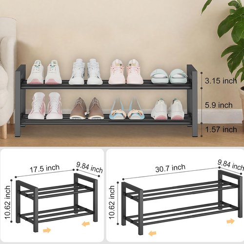 Detsuk 2-Tier Expandable Shoe Rack - Adjustable Heavy-Duty Metal Organizer (17.5"-30.7") | Durable Black Storage for Closet & Entryway