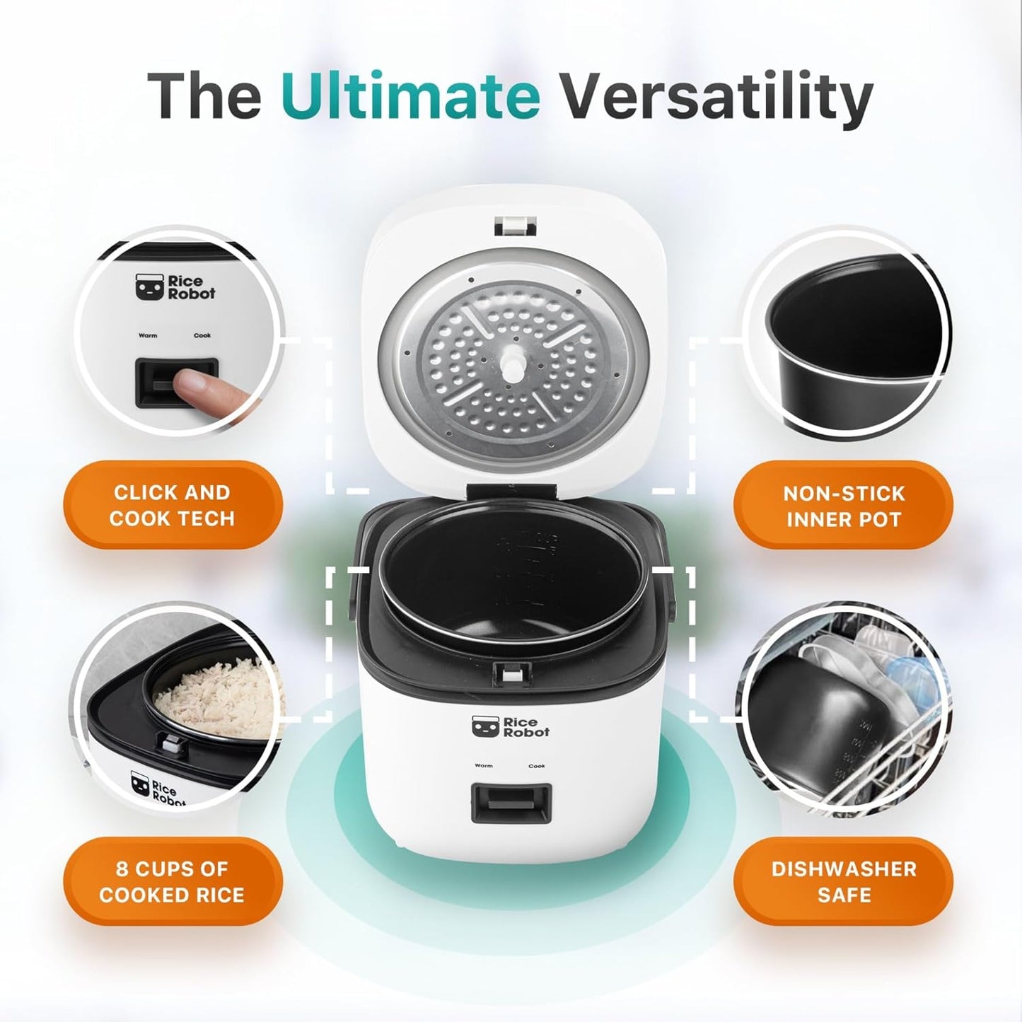 Rice Robot Rice Cooker - 4-Cup Uncooked (8 Cups Cooked) Electric Rice Maker | PFAS-Free Ceramic Nonstick