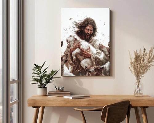 Jesus And Lamb Canvas Wall Art - Christian Home Decor | Gospel of Matthew Painting 12x16in Framed