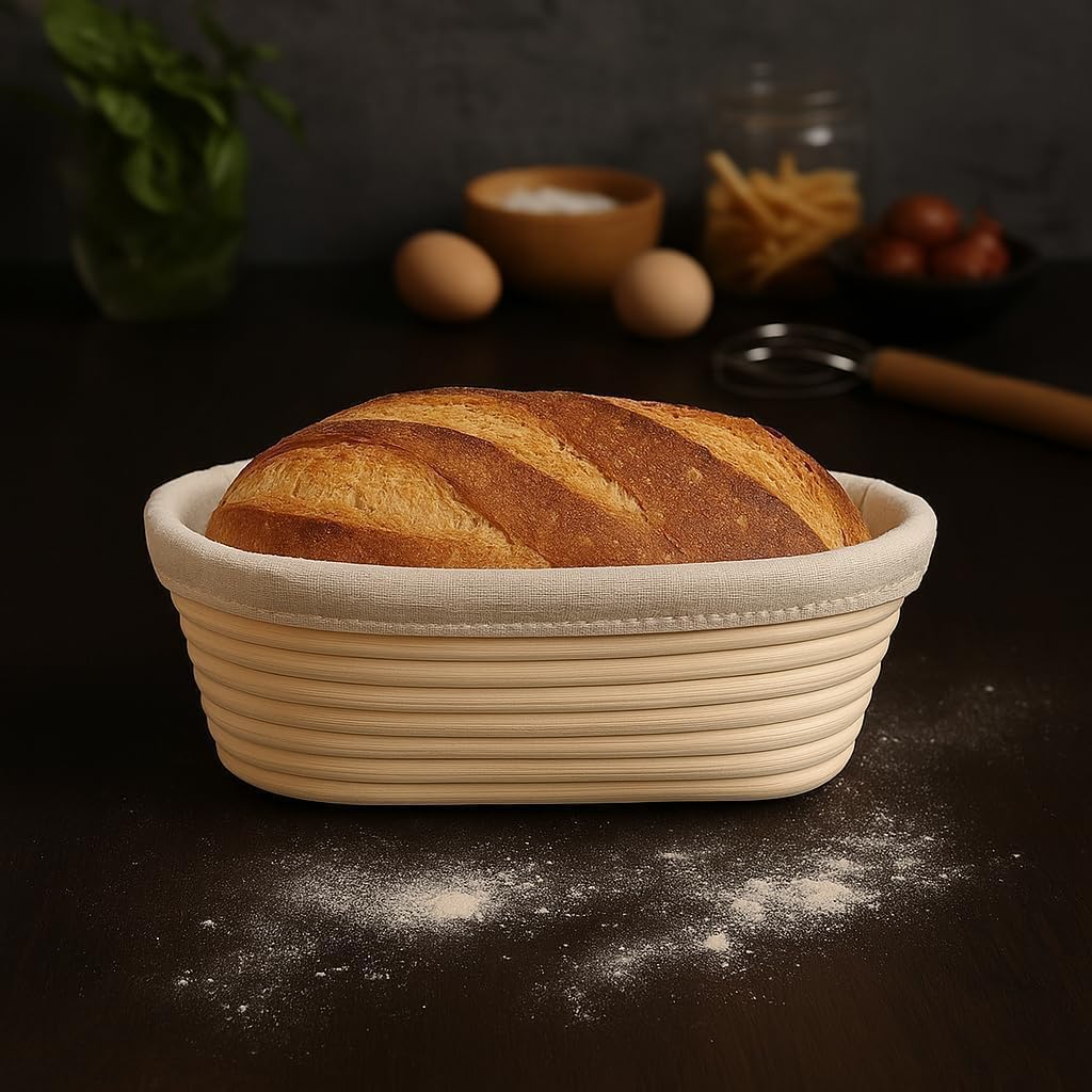 Saint Germain Bakery Premium Round Bread Banneton Basket with Liner - Perfect Brotform Proofing Basket for Making Beautiful Bread (10 inch Oval)