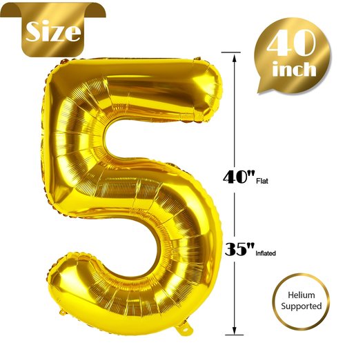 Gold 5 Balloon, Number Balloon 40 Inch, Gold and Black Party Supplies, 5th Birthday Balloon Decorations, 5 Number Balloons, Number 5 Balloon