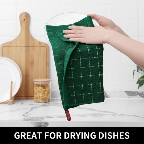 Homaxy 100% Cotton Terry Kitchen Dish Cloths, Ultra Soft and Absorbent Dish Towels for Kitchen, Perfect for Drying and Washing Dishes, 12 Pack, 12 x 12 Inches, Dark Green